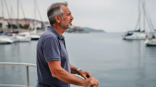 Plaisancier sur le pont d'un voilier dans une marina méditerranéenne contemplant l'horizon