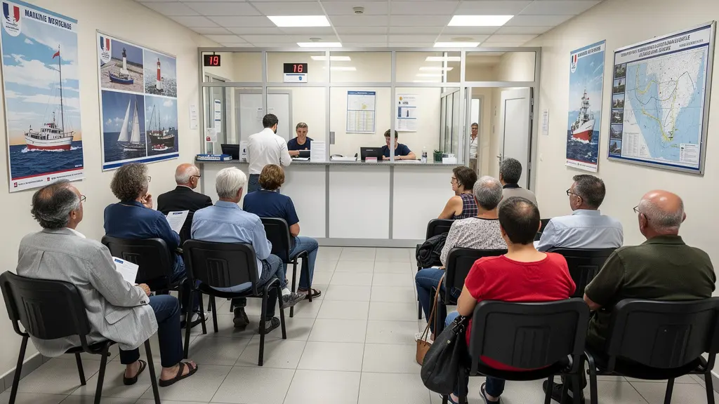 Salle d'attente des affaires maritimes avec plaisanciers patientant pour leurs démarches administratives