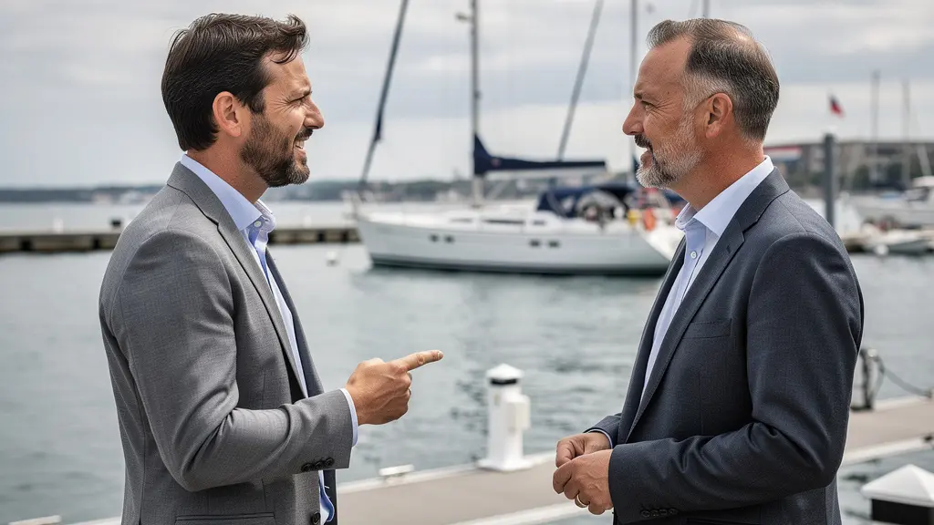 Spécialiste des démarches maritimes conseillant un plaisancier sur un ponton devant son voilier