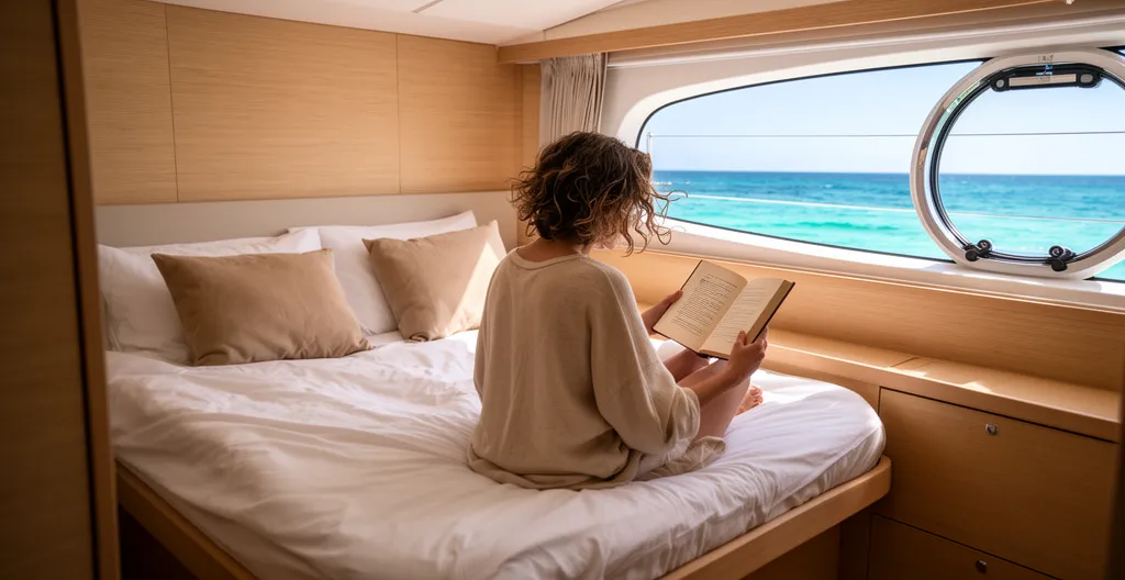 Intérieur lumineux d'une cabine de catamaran avec vue sur la mer par le hublot