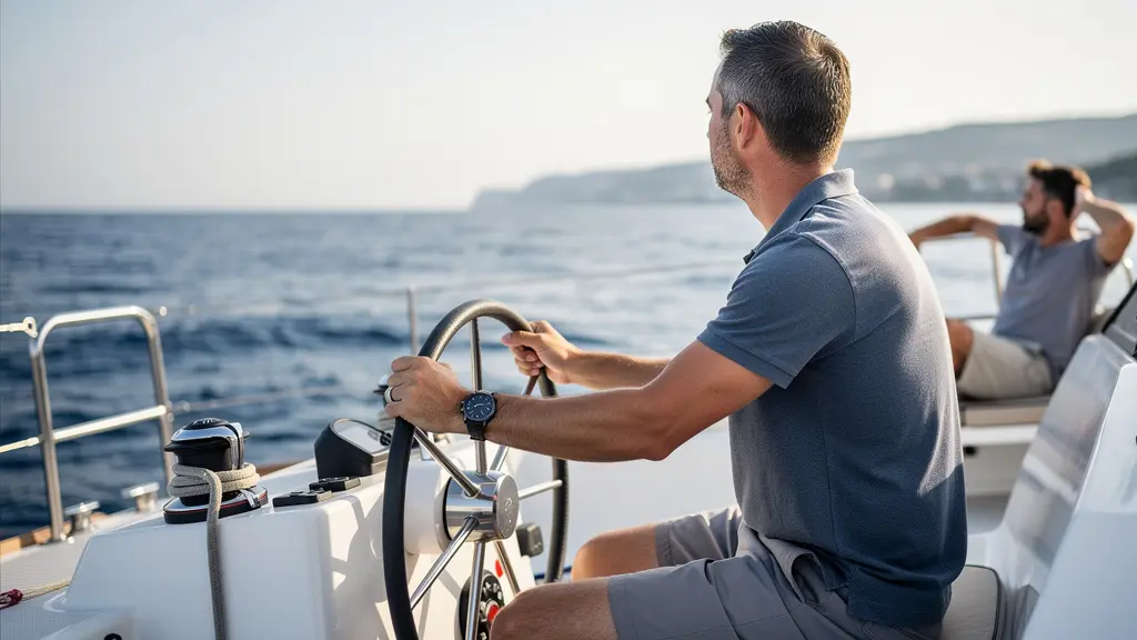 Capitaine à la barre d'un catamaran pendant une navigation en Méditerranée