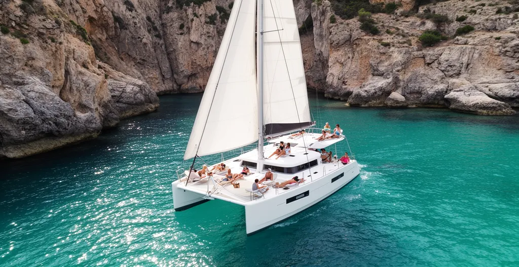 Catamaran de croisière naviguant le long d'une côte rocheuse méditerranéenne avec eau turquoise