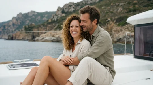 Couple français assis sur pont de catamaran au mouillage en Corse