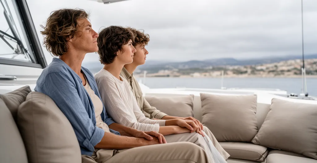 Famille sur le pont spacieux d'un catamaran regardant l'horizon en Méditerranée