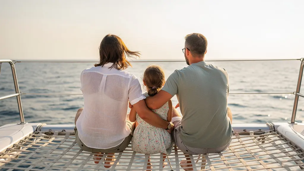 Famille se relaxant sur le trampoline avant d'un catamaran face à la mer Méditerranée