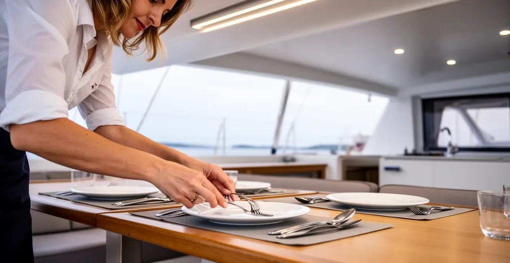 Hôtesse préparant une table sur catamaran avec équipage en Corse