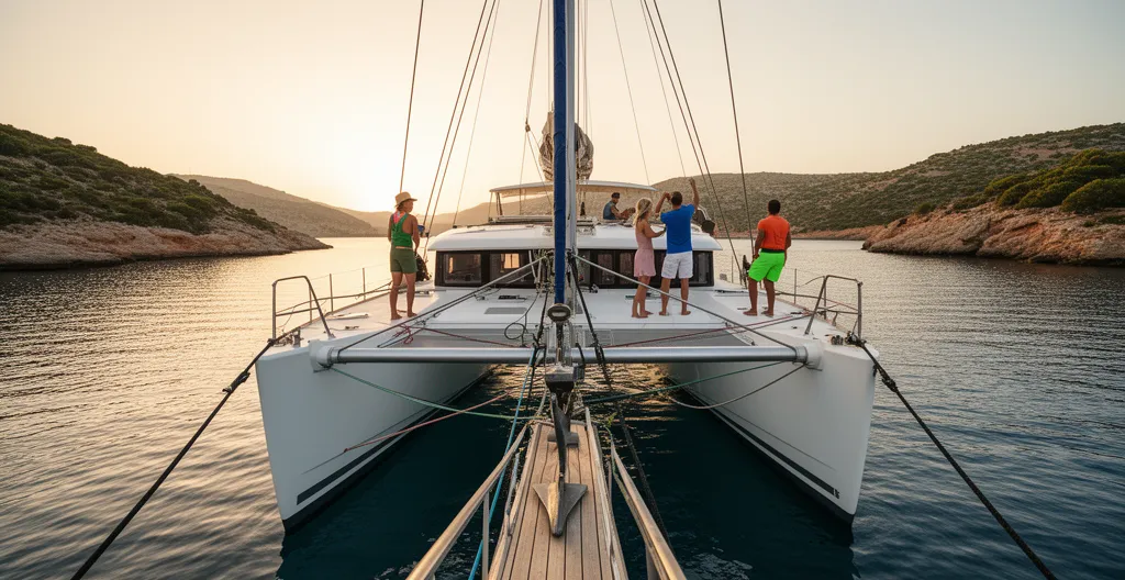 Vue du pont d'un catamaran Bali au mouillage en Méditerranée